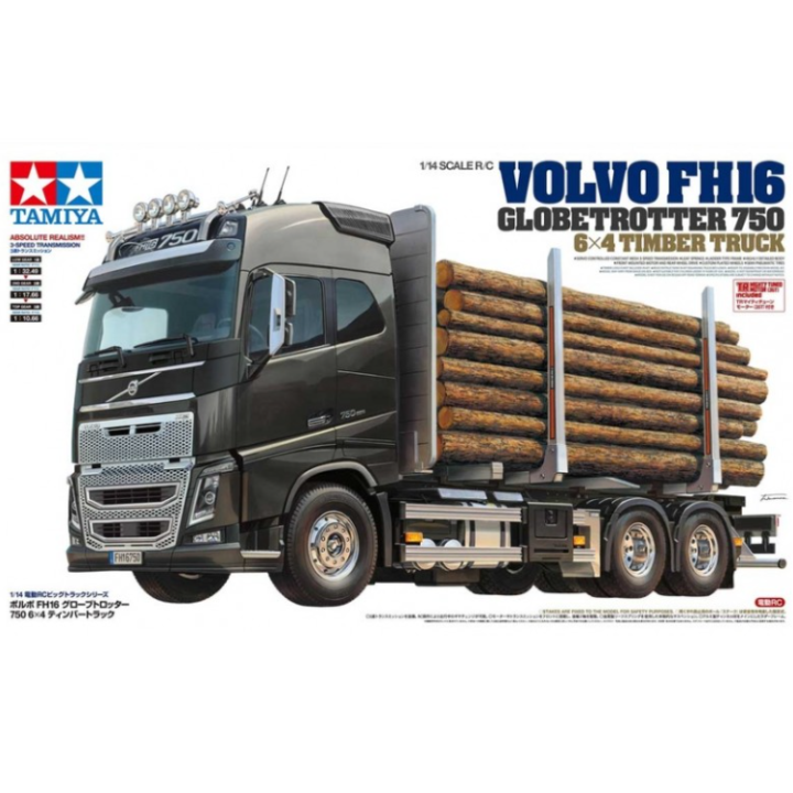 Tamiya Volvo FH16 Globetrotter 750 6x4 Timber Truck en escala 1/14. Cabina XL detallada, chasis 6x4, transmisión 3 velocidades y
