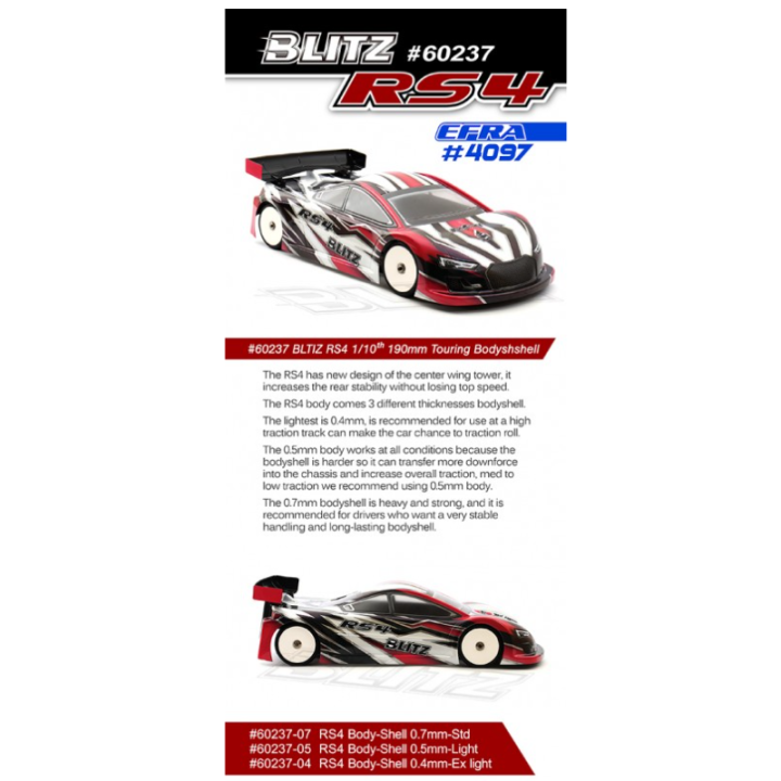 Blitz RS4 190mm 0.7mm – Carrocería RC Touring Pintada y Decorada | A Todo Nitro