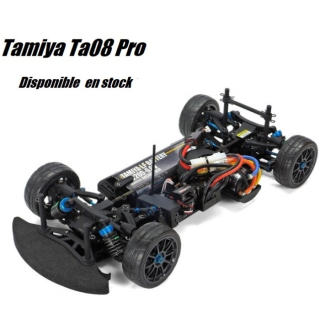 Descubre el Tamiya TA08 Pro Chassis Kit 1/10, un chasis de coche RC de competición con tracción 4WD por correa, diferenciales TR
