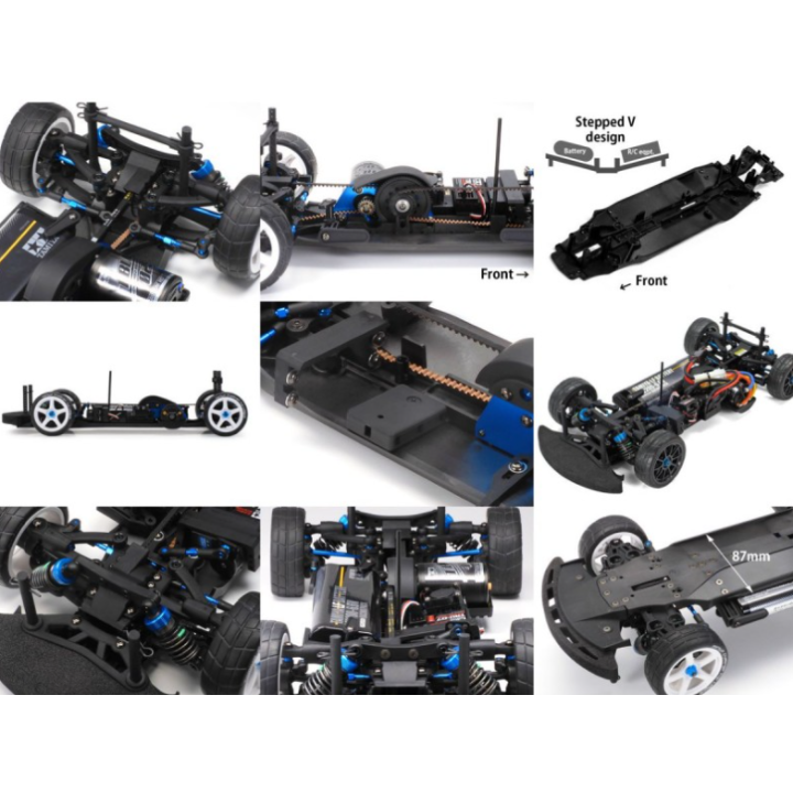 Descubre el Tamiya TA08 Pro Chassis Kit 1/10, un chasis de coche RC de competición con tracción 4WD por correa, diferenciales TR
