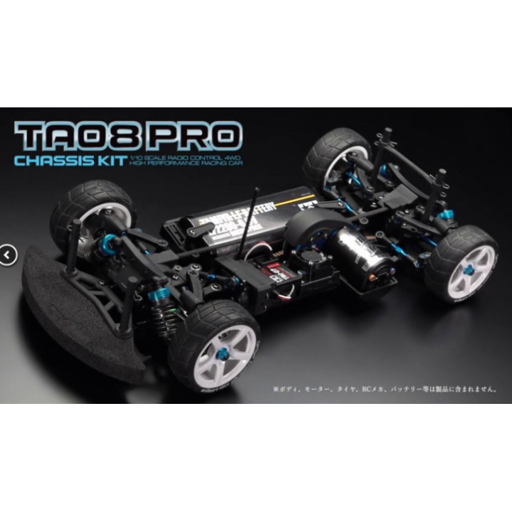 Descubre el Tamiya TA08 Pro Chassis Kit 1/10, un chasis de coche RC de competición con tracción 4WD por correa, diferenciales TR